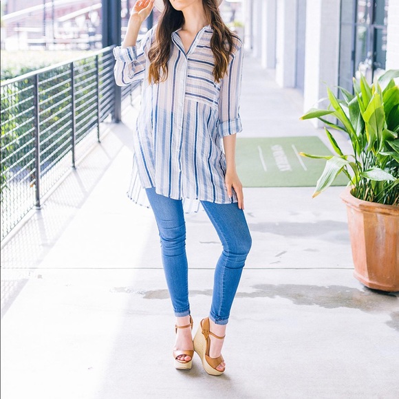 LAST ONE! Striped Buttondown Blouse - Blue - Picture 3 of 7